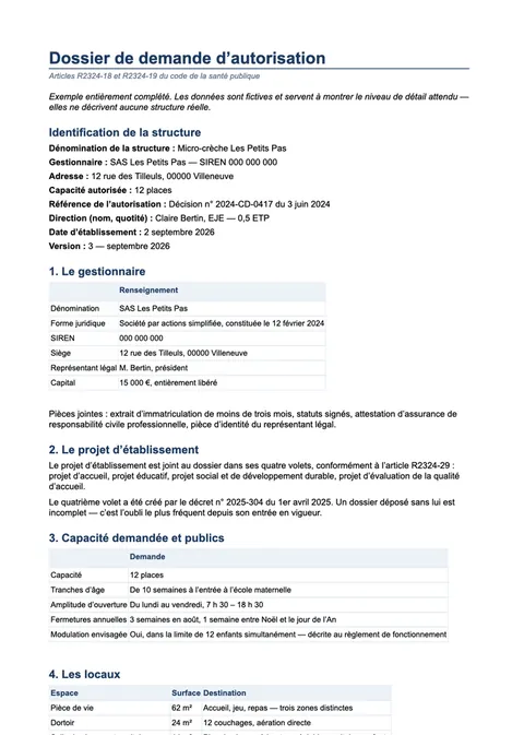 Page du document : Dossier de demande d'autorisation